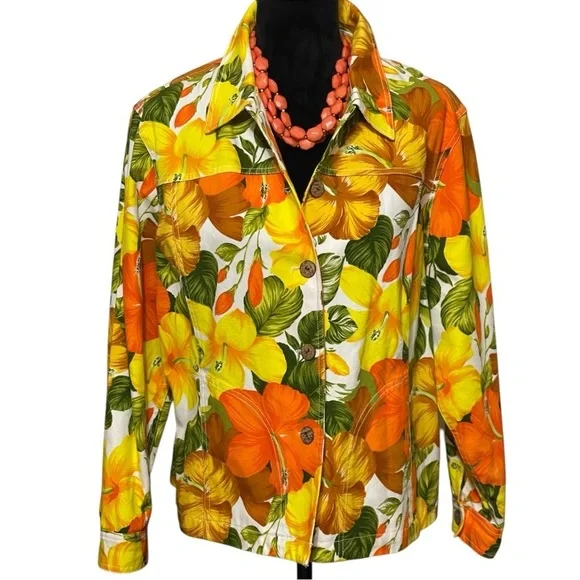 COLDWATER CREEK NWOTS RETRO 70S YELLOW FLOWER DENIM JACKET SZ XLP - Picture 1 of 13
